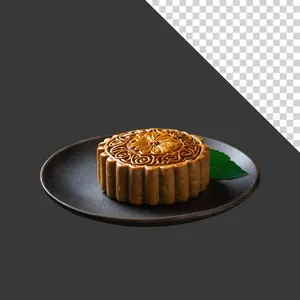 Bánh trung thu truyền thống trên đĩa gốm - PNG không nền