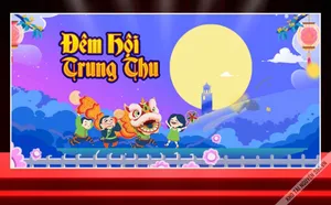 Phông Đêm Hội Trung Thu múa lân thiếu nhi trăng rằm sân khấu đẹp File Corel