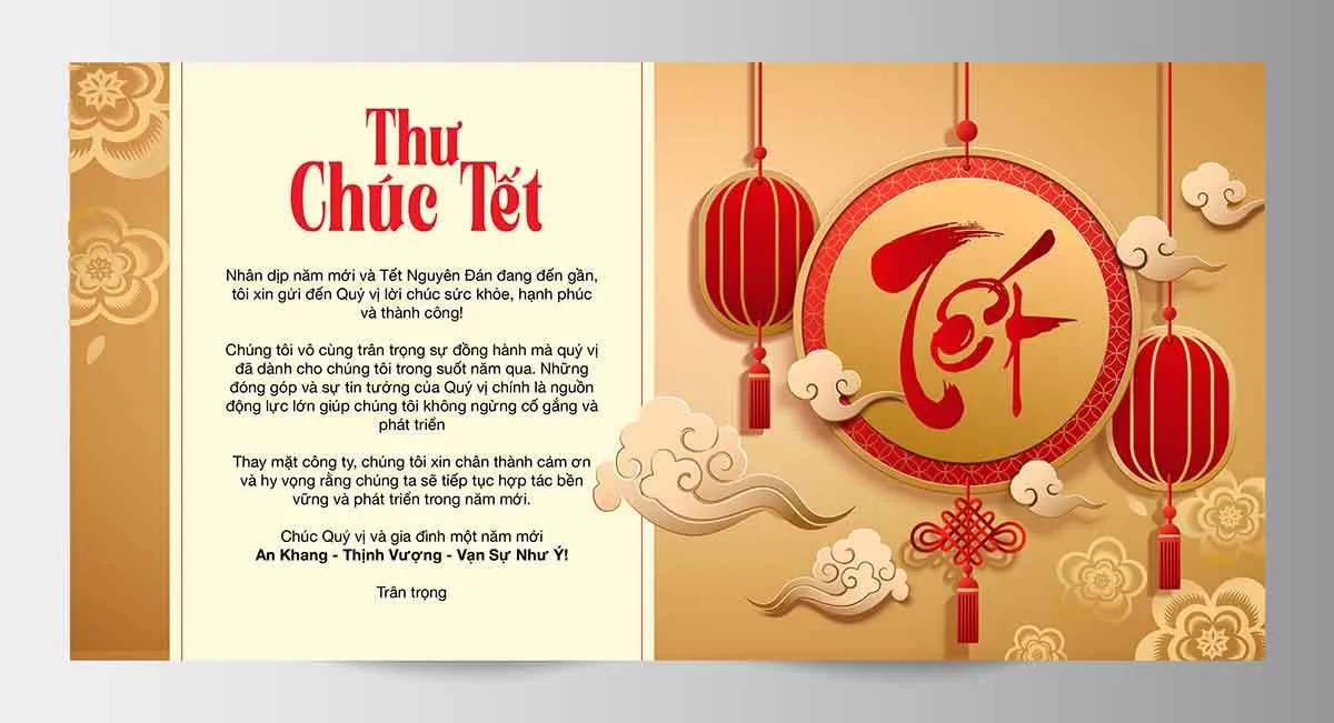 Thiệp thư chúc Tết 2026 trang trí đèn lồng đỏ và họa tiết vàng sang trọng