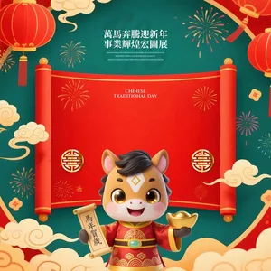 PSD Tết 2026 bé ngựa 3D cầm vàng cuộn thư đỏ nền xanh.