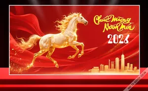 Chúc mừng năm mới 2026 – Ngựa vàng phi nước đại nền đỏ - File corel