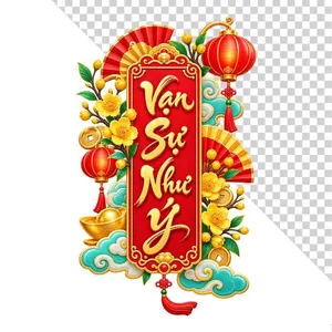 File PNG - Liễn Vạn Sự Như Ý hoa mai vàng lồng đèn đỏ