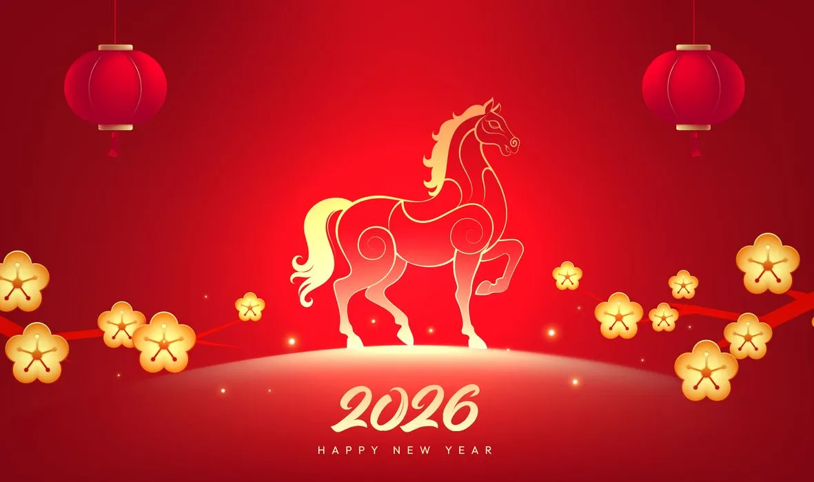 Hình nền Tết 2026 ngựa vàng và hoa mai File Ai.