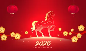 Hình nền Tết 2026 ngựa vàng và hoa mai File Ai.