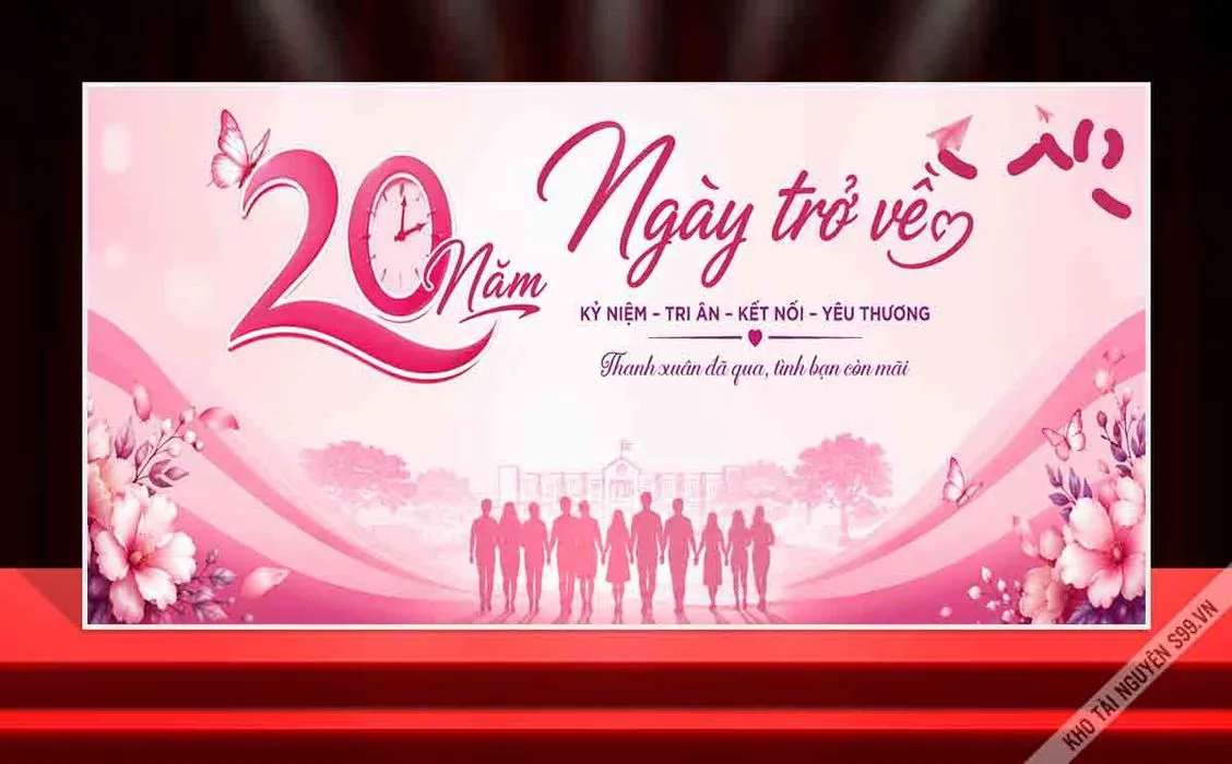 Mẫu thiết kế phông nền họp lớp kỷ niệm 20 năm ngày trở về màu hồng File Corel