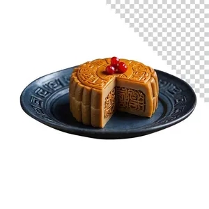 Bánh trung thu cắt lát trên đĩa xanh – File PNG không nền