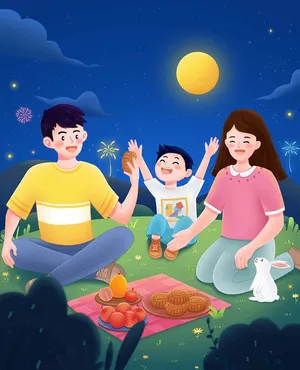 File vector AI minh họa gia đình sum họp bên mâm bánh trung thu và đèn lồng