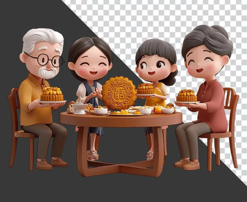 Hình ảnh gia đình vui vẻ phá cỗ trung thu file PNG không nền