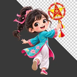 File PNG - Hình ảnh em bé gái mặc áo dài xanh dương cột tóc đuôi ngựa cầm đèn lồng