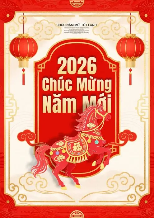 File PSD chúc mừng năm mới 2026 ngựa đỏ đèn lồng vàng