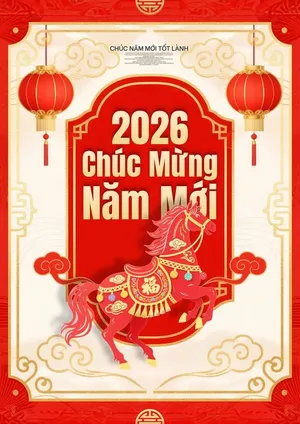 File PSD chúc mừng năm mới 2026 ngựa đỏ đèn lồng vàng