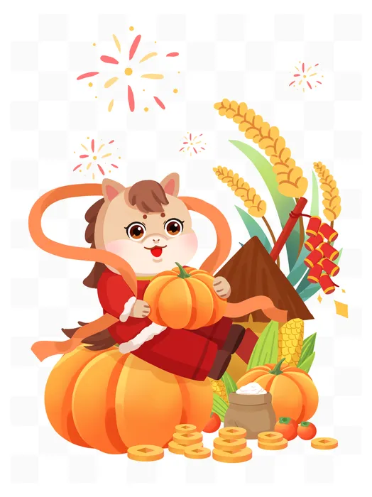 Fule PSD Ngựa con mặc áo đỏ ngồi trên bí ngô và tiền vàng đón tết