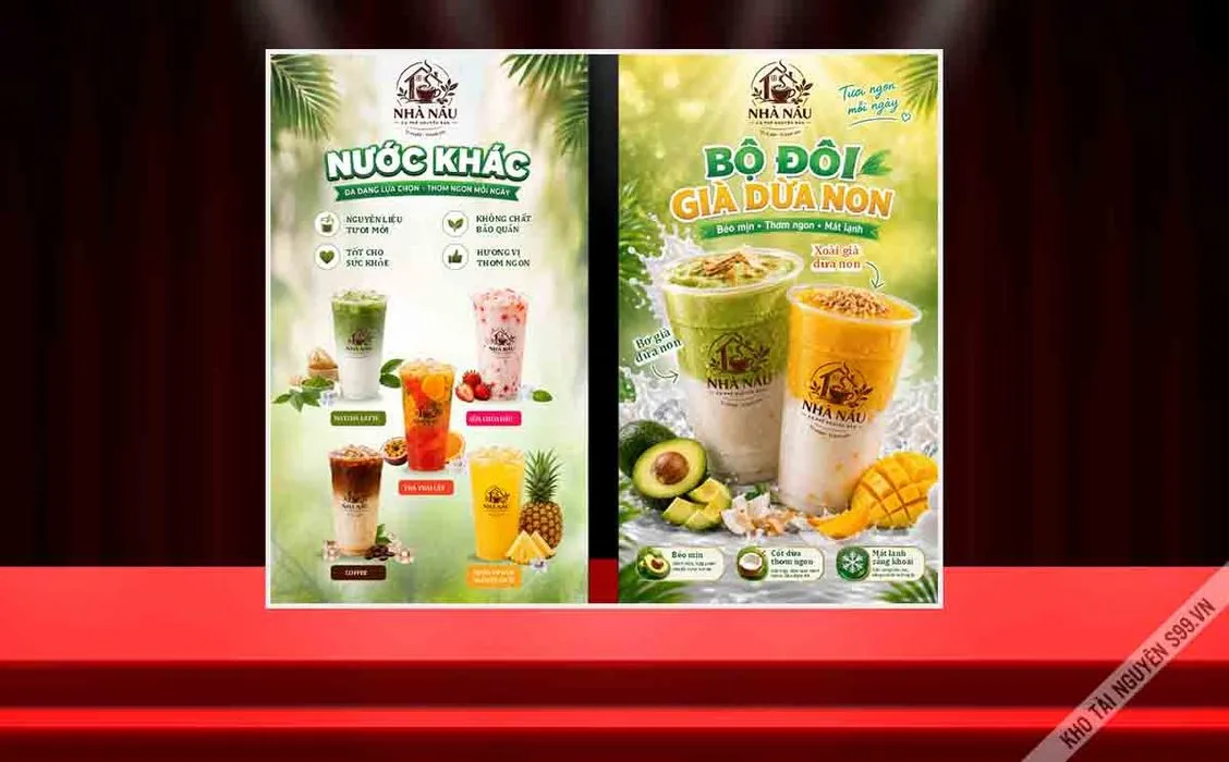 Mẫu thiết kế poster menu đồ uống nước ép trà Nhà Nâu Cà phê nguyên bản File Corel