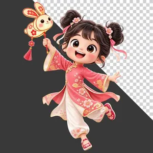 Hình ảnh em bé gái mặc áo dài hồng cầm đèn lồng con thỏ tách nền PNG chất lượng cao