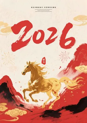 Poster Tết 2026 ngựa vàng chạy giữa núi đỏ chữ 2026. PSD