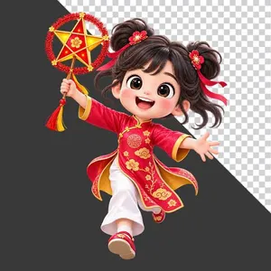 Hình ảnh em bé gái mặc áo dài đỏ cầm đèn lồng ngôi sao tách nền PNG
