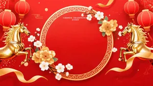 PSD Tết 2026 song mã vàng khung tròn hoa mai nền đỏ sang trọng