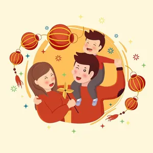 Hình ảnh vector AI cả nhà quây quần ăn tối đêm giao thừa ngắm pháo hoa