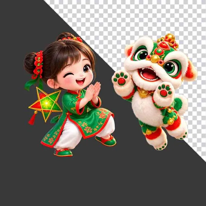 Hình ảnh em bé gái mặc áo dài xanh chắp tay bái lạy cùng chú lân hoạt hình - File PNG