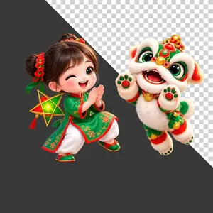 Hình ảnh em bé gái mặc áo dài xanh chắp tay bái lạy cùng chú lân hoạt hình - File PNG