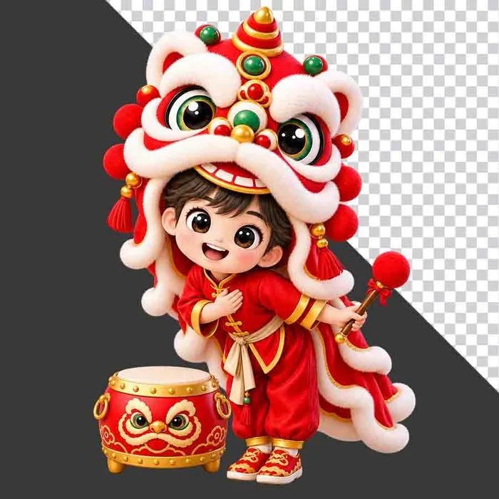 Hình ảnh em bé trai mặc áo dài đỏ đội đầu lân chắp tay chào cạnh trống hội tách nền PNG chất lượng cao