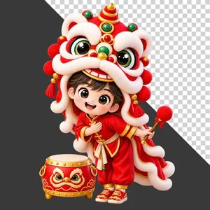 Hình ảnh em bé trai mặc áo dài đỏ đội đầu lân chắp tay chào cạnh trống hội tách nền PNG chất lượng cao