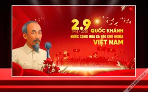 File Corel Quốc khánh 2-9 (1945 – 2025) – thiết kế nền đỏ rực, hình Bác Hồ và đoàn người cầm cờ