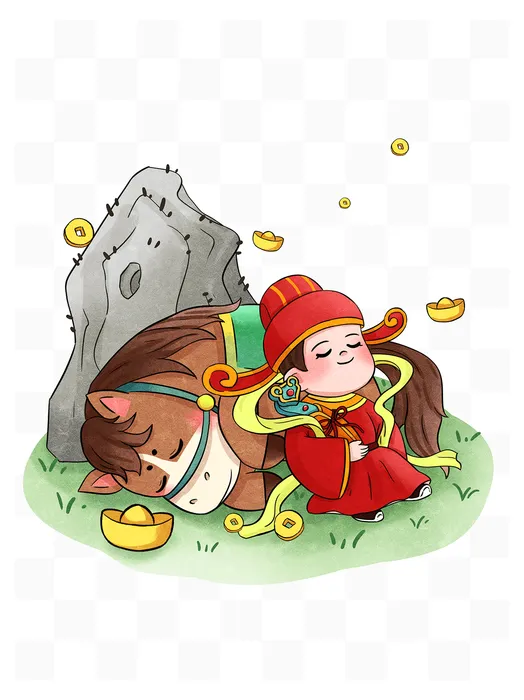 File PSD Cậu bé Ngựa ngủ tựa đá tiền vàng Tết