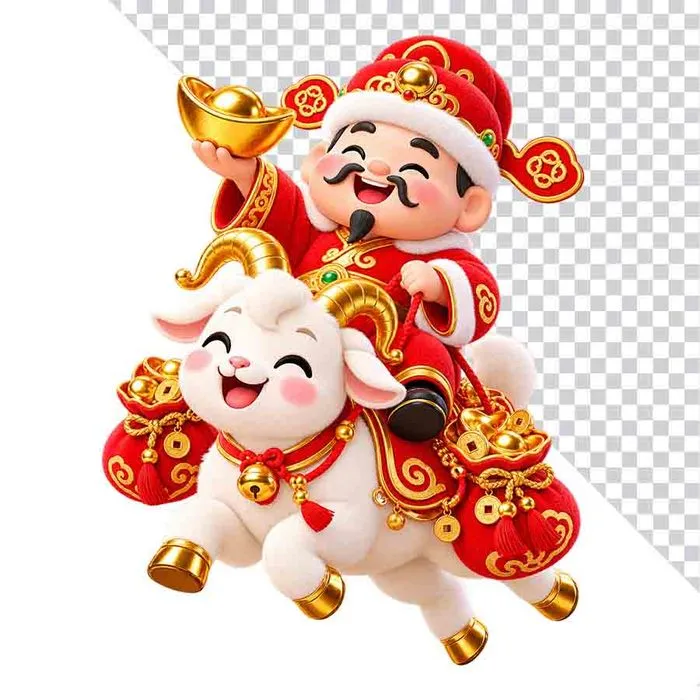 File PNG - Ông Thần Tài giơ cao thỏi vàng cưỡi dê trắng mang túi tiền tài lộc