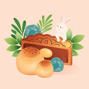 Bánh trung thu, bánh nướng tròn và thỏ trắng dễ thương bên lá xanh. Minh họa Ai.