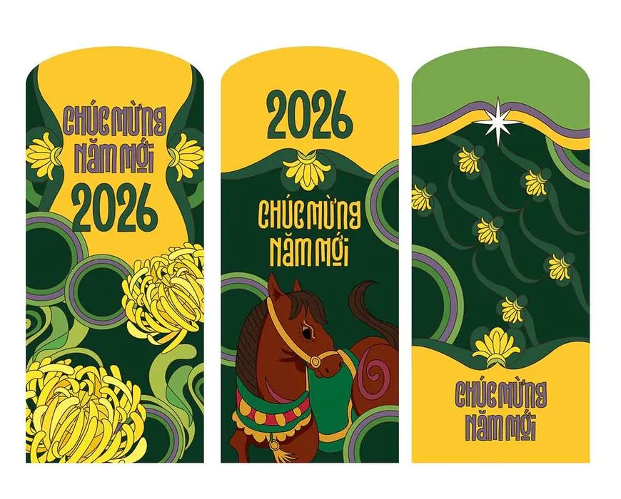 Bao lì xì Tết 2026 ngựa vàng hoa cúc File EPS