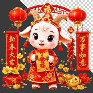 Hình ảnh Dê mặc áo dài đỏ, câu đối tết - File PNG