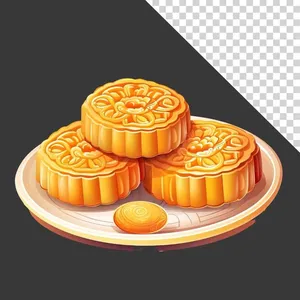 Bánh trung thu vẽ tay vàng óng trên đĩa – File PNG không nền