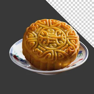 File ảnh PNG bánh trung thu truyền thống trên đĩa sứ đẹp mắt