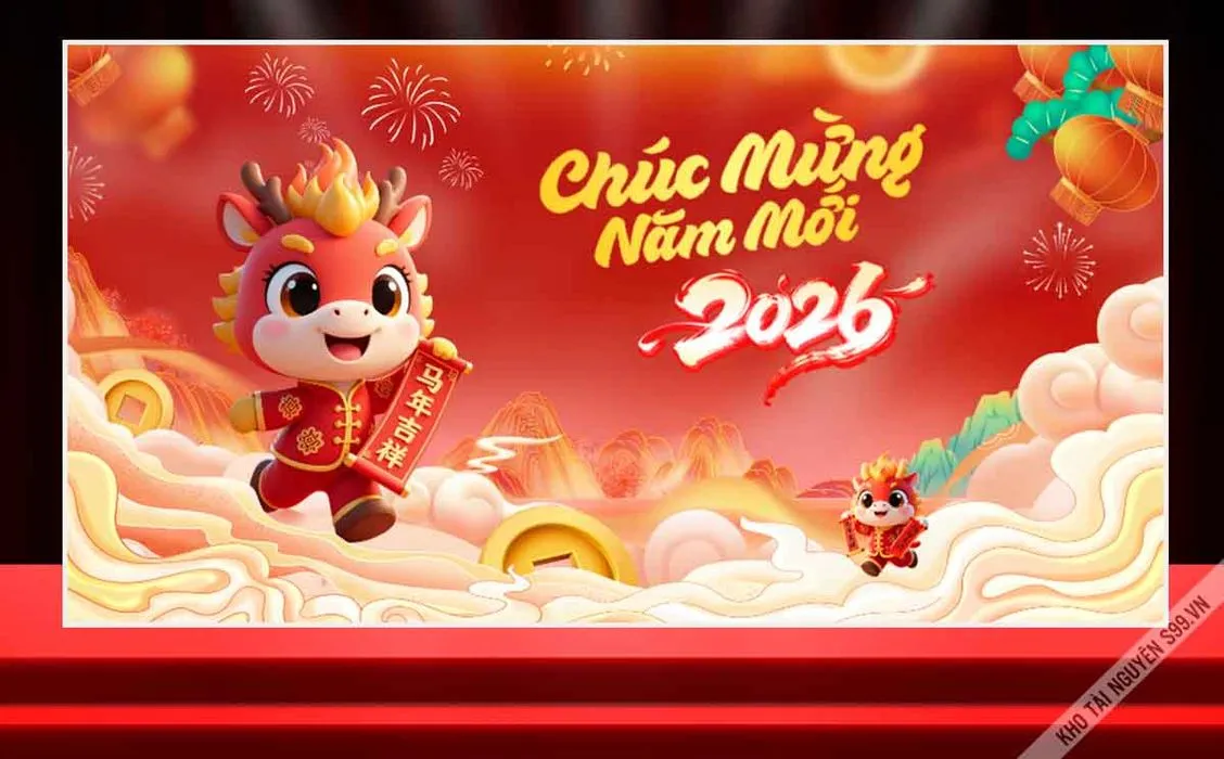 File corel Chúc mừng năm mới 2026 ngựa hoạt hình dễ thương