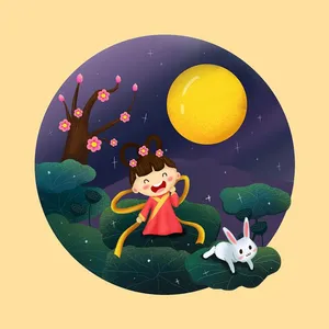 Ảnh minh họa thỏ ngọc và chị hằng cùng nhau đón trung thu phong cách chibi