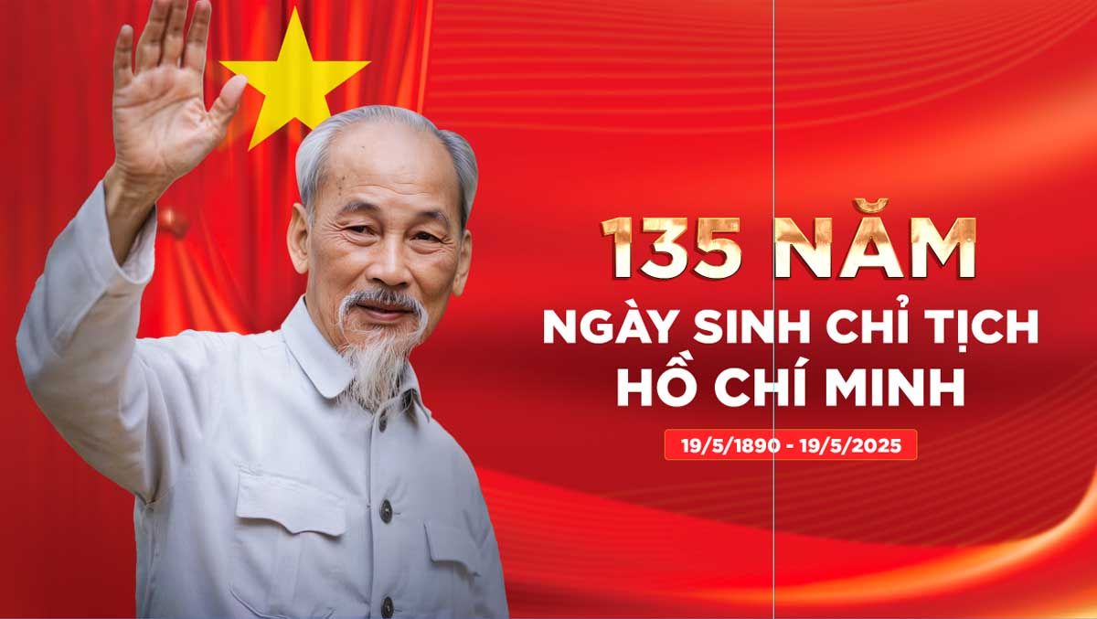 Backdrop kỷ niệm 135 năm ngày sinh chủ tịch Hồ Chí Minh file Photoshop