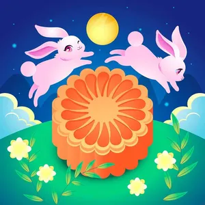 Hai chú thỏ hồng nô đùa bên bánh trung thu lớn dưới ánh trăng rằm. Minh họa Ai.