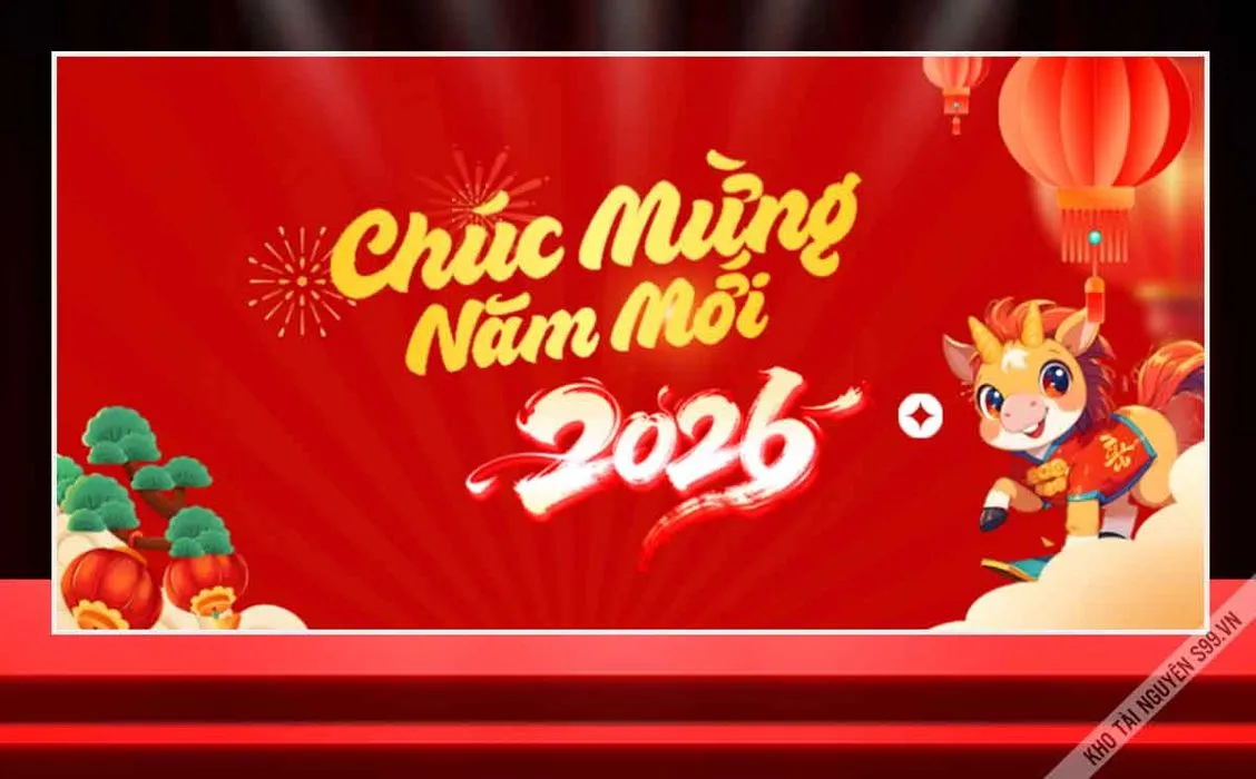 File Corel Chúc Mừng Năm Mới 2026 Ngựa Hoạt Hình Dễ Thương Nền Đỏ