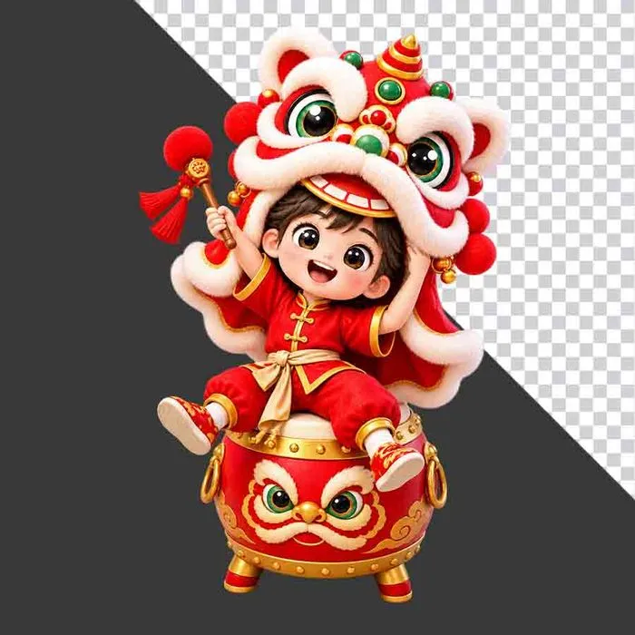 Hình ảnh em bé trai mặc áo dài đỏ đội đầu lân ngồi trên trống hội tay cầm dùi trống tách nền PNG