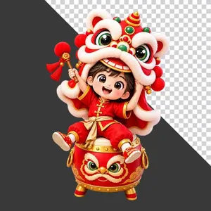 Hình ảnh em bé trai mặc áo dài đỏ đội đầu lân ngồi trên trống hội tay cầm dùi trống tách nền PNG