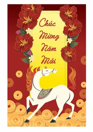 Chúc Mừng Năm Mới 2026 Ngựa Trắng Hoa Đỏ Đồng Xu