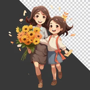Hình ảnh cô giáo và học sinh vui vẻ cầm bó hoa hướng dương File PNG