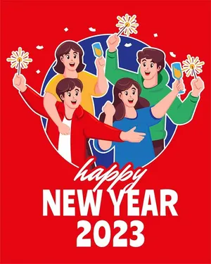 File vector AI poster Happy New Year 2023 với nhóm bạn trẻ rạng rỡ