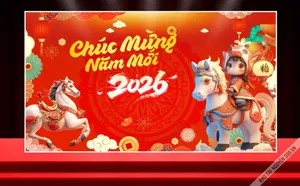 Banner Chúc Mừng Năm Mới 2026 Hình Bé Gái Cưỡi Ngựa 3D File Corel
