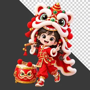File PNG - Hình ảnh em bé mặc áo dài đỏ đội đầu lân tay giơ biểu tượng hòa bình