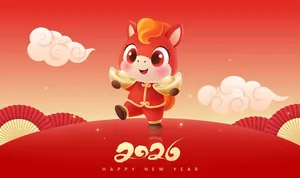 Ngựa hoạt hình cầm vàng mừng năm mới 2026 Ai