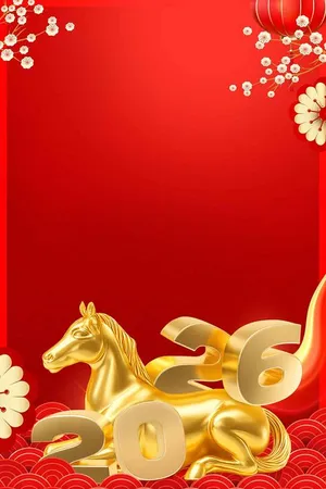 Thiệp Tết 2026 nền đỏ vàng có ngựa vàng File PSD trang trí mai đào