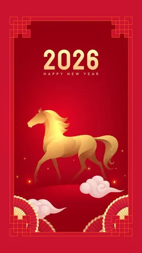 Thiệp Tết 2026 Hình Ngựa Vàng Trên Nền Đỏ Sang Trọng