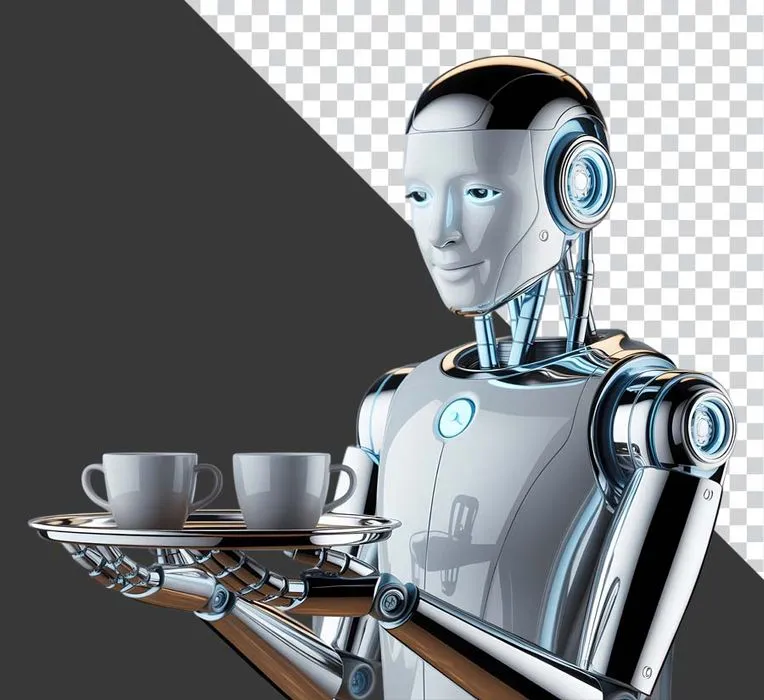Robot phục vụ cà phê hiện đại với khay hai tách PNG
